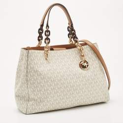 Pre Owned Michael Kors Off White/Tan Signature Coated Canvas and Leather Cynthia Tote