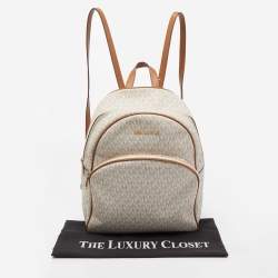 Michael Kors Beige/Tan Signature Coated Canvas and Leather Abbey Backpack