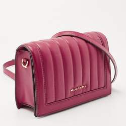 Pre Owned Michael Kors Dark Pink Striped Leather Jet Set Crossbody Bag