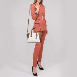 Pre Owned Michael Kors Brown/Off White Signature Coated Canvas and Leather Avril Satchel