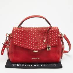 Pre Owned Michael Kors Red Leather Medium Studded Bristol Top Handle Bag