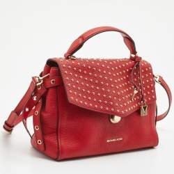 Pre Owned Michael Kors Red Leather Medium Studded Bristol Top Handle Bag