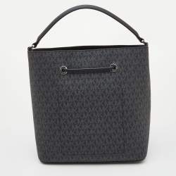 Pre Owned Michael Kors Black/Grey Signature Canvas Suri Drawstring Bucket Bag