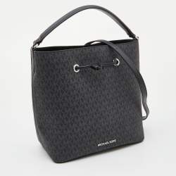 Pre Owned Michael Kors Black/Grey Signature Canvas Suri Drawstring Bucket Bag