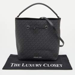 Pre Owned Michael Kors Black/Grey Signature Canvas Suri Drawstring Bucket Bag