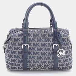 Pre Owned Michael Kors Grey/Blue Signature Canvas and Leather Zip Satchel
