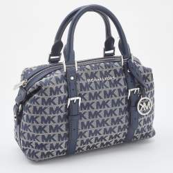 Pre Owned Michael Kors Grey/Blue Signature Canvas and Leather Zip Satchel