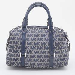 Pre Owned Michael Kors Grey/Blue Signature Canvas and Leather Zip Satchel