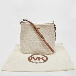 Pre Owned Michael Kors White/Brown Signature Coated Canvas and Leather Large Jet Set Travel Messenger Bag
