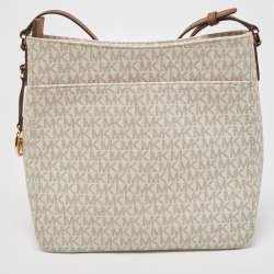 Pre Owned Michael Kors White/Brown Signature Coated Canvas and Leather Large Jet Set Travel Messenger Bag