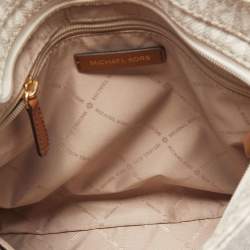 Pre Owned Michael Kors White/Brown Signature Coated Canvas and Leather Large Jet Set Travel Messenger Bag