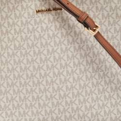 Pre Owned Michael Kors White/Brown Signature Coated Canvas and Leather Large Jet Set Travel Messenger Bag