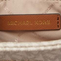 Pre Owned Michael Kors White/Brown Signature Coated Canvas and Leather Large Jet Set Travel Messenger Bag