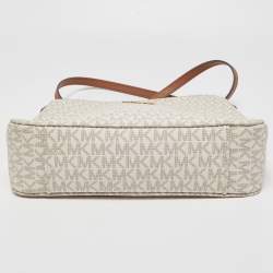 Pre Owned Michael Kors White/Brown Signature Coated Canvas and Leather Large Jet Set Travel Messenger Bag