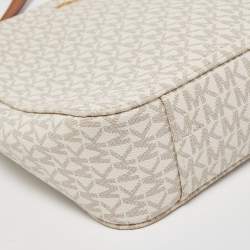 Pre Owned Michael Kors White/Brown Signature Coated Canvas and Leather Large Jet Set Travel Messenger Bag