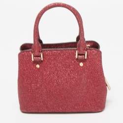 Pre Owned Michael Kors Red Glitter Fabric XS Savannah Top Handle Bag