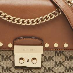 Pre Owned Michael Kors Beige/Brown Signature Coated Canvas and Leather Medium Sloan Studded Bag