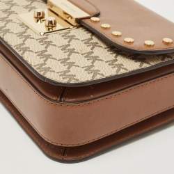 Pre Owned Michael Kors Beige/Brown Signature Coated Canvas and Leather Medium Sloan Studded Bag