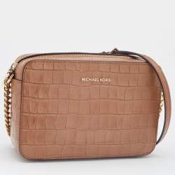 Pre Owned Michael Kors Brown Croc Embossed Leather Medium Ginny Crossbody Bag