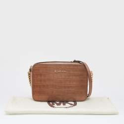 Pre Owned Michael Kors Brown Croc Embossed Leather Medium Ginny Crossbody Bag