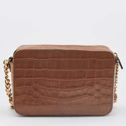 Pre Owned Michael Kors Brown Croc Embossed Leather Medium Ginny Crossbody Bag