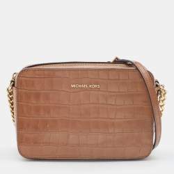 Pre Owned Michael Kors Brown Croc Embossed Leather Medium Ginny Crossbody Bag