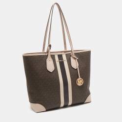مملوكة مسبقًا Michael Kors Old Rose/Brown Signature Coated Canvas and Leather Large Logo Stripe Eva Tote
