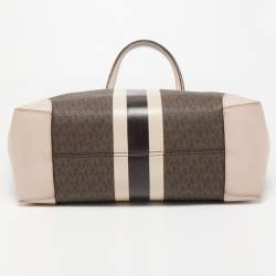 مملوكة مسبقًا Michael Kors Old Rose/Brown Signature Coated Canvas and Leather Large Logo Stripe Eva Tote