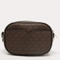Pre Owned Michael Kors Brown Signature Coated Canvas Varsity Camera Crossbody Bag