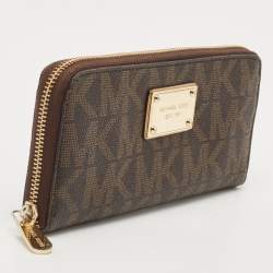 Michael Kors Dark Brown Monogram Coated Canvas Zip Around Wallet