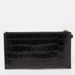 Pre Owned Michael Kors Black Croc Embossed Leather Wristlet Clutch