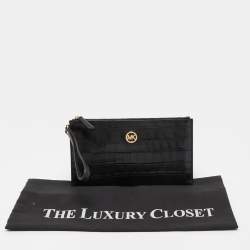 Pre Owned Michael Kors Black Croc Embossed Leather Wristlet Clutch