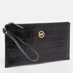 Pre Owned Michael Kors Black Croc Embossed Leather Wristlet Clutch