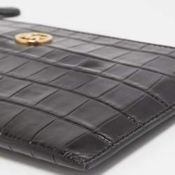 Pre Owned Michael Kors Black Croc Embossed Leather Wristlet Clutch