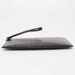 Pre Owned Michael Kors Black Croc Embossed Leather Wristlet Clutch