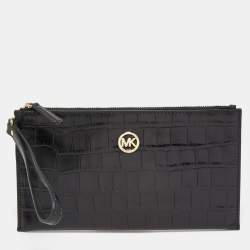 Pre Owned Michael Kors Black Croc Embossed Leather Wristlet Clutch