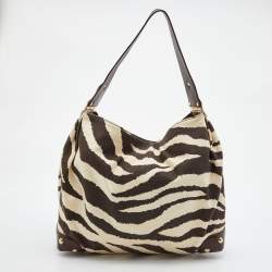 Pre Owned MICHAEL Michael Kors Brown/Beige Zebra Print Canvas and Leather Hobo