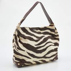 Pre Owned MICHAEL Michael Kors Brown/Beige Zebra Print Canvas and Leather Hobo