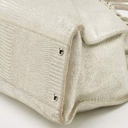 Pre Owned Michael Kors Silver Lizard Embossed Leather East West Hamilton Tote