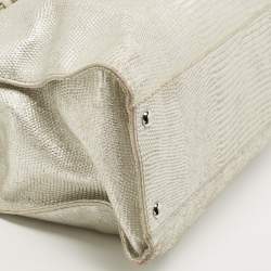 Pre Owned Michael Kors Silver Lizard Embossed Leather East West Hamilton Tote