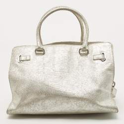 Pre Owned Michael Kors Silver Lizard Embossed Leather East West Hamilton Tote