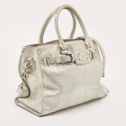 Pre Owned Michael Kors Silver Lizard Embossed Leather East West Hamilton Tote