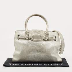 Pre Owned Michael Kors Silver Lizard Embossed Leather East West Hamilton Tote
