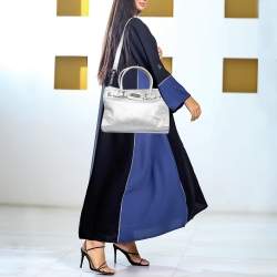 Pre Owned Michael Kors Silver Lizard Embossed Leather East West Hamilton Tote