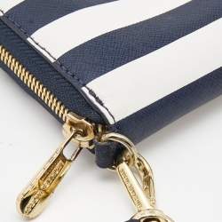 Pre Owned Michael Kors Blue/White Leather Striped Zip Around Wallet