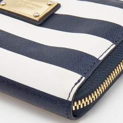 Pre Owned Michael Kors Blue/White Leather Striped Zip Around Wallet