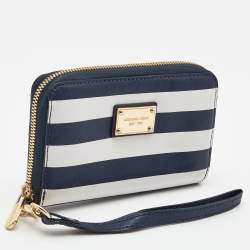 Pre Owned Michael Kors Blue/White Leather Striped Zip Around Wallet