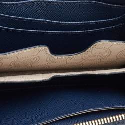 Pre Owned Michael Kors Blue/White Leather Striped Zip Around Wallet