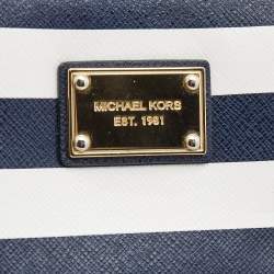 Pre Owned Michael Kors Blue/White Leather Striped Zip Around Wallet