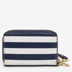 Pre Owned Michael Kors Blue/White Leather Striped Zip Around Wallet